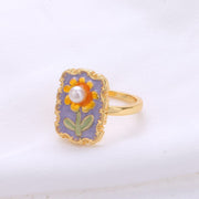 vintage natural pearl flower oil painting ring set of 4