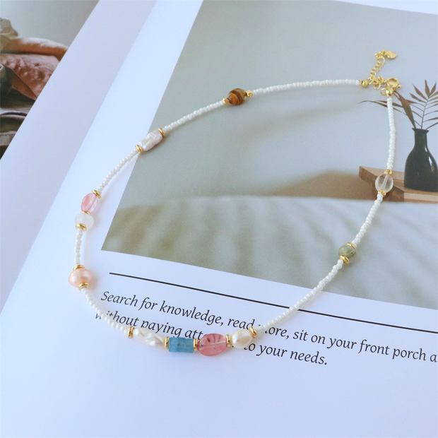 Colorful natural stone freshwater pearl handmade beaded clavicle necklace