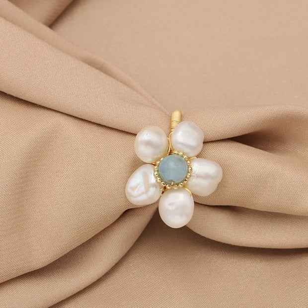 natural pearls & sea-blue gem adjustable ring