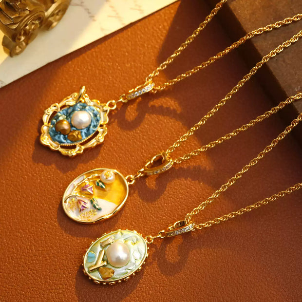 monet garden natural pearl oil painting necklace