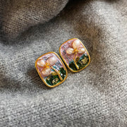 baroque pearl oil painting flowers earrings