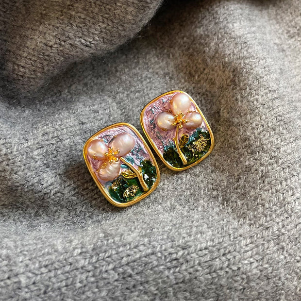 baroque pearl oil painting flowers earrings