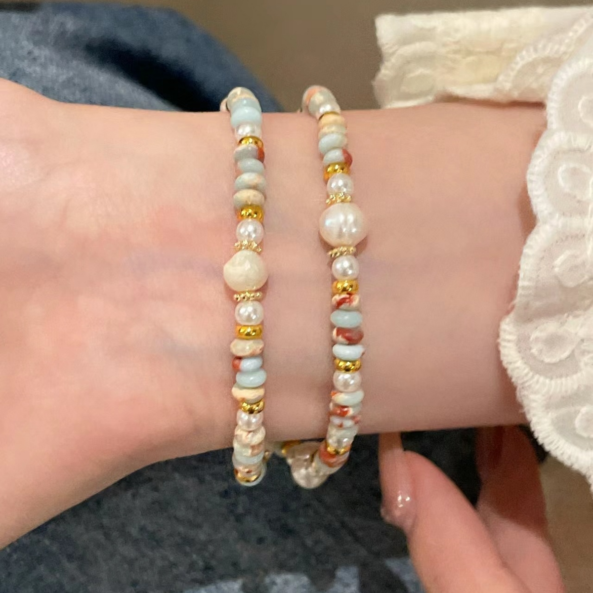 double layer colorful beaded pearl bracelet 35cm