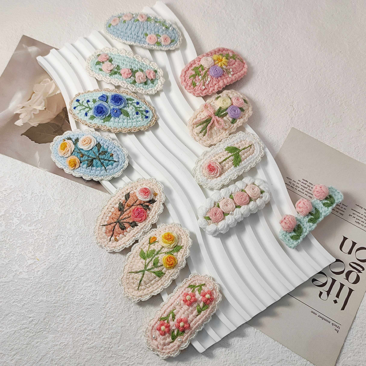 Vintage Handmade Crochet & Embroidered Pink&Blue Flower Hair Clip