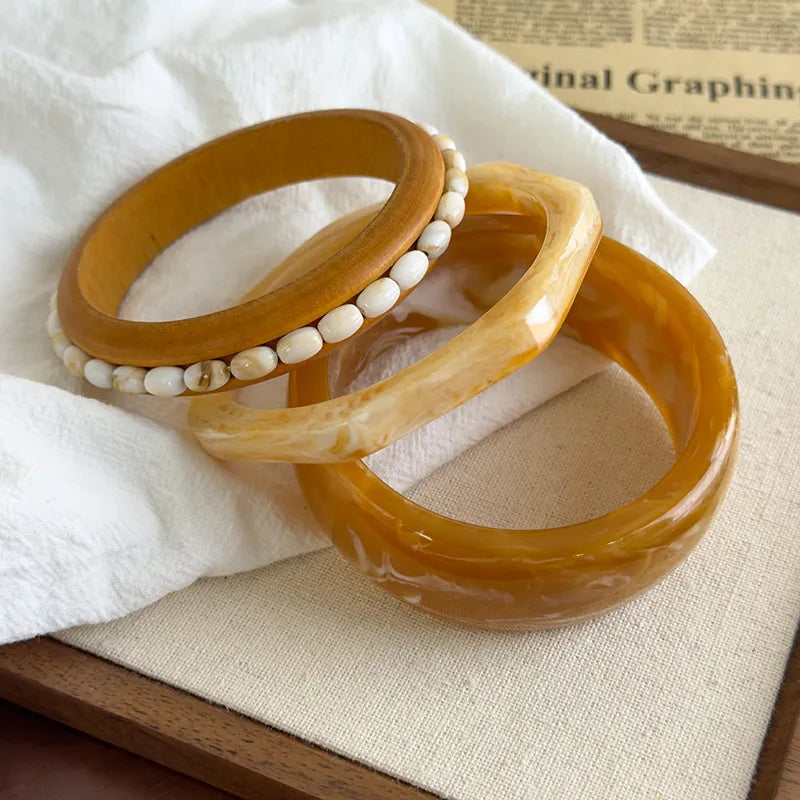 retro geometric irregular oval resin and wood bracelet set