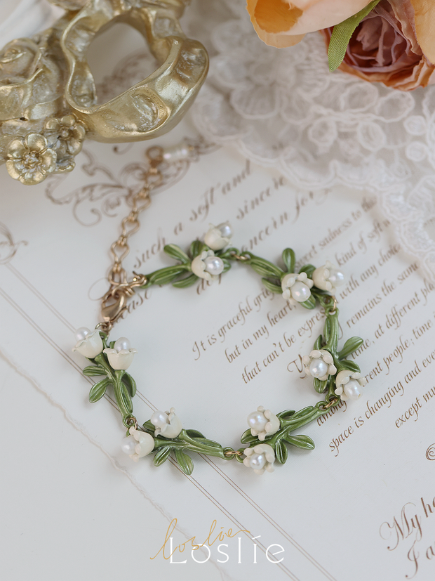 Lily of the Valley handmade pearls silver earrings