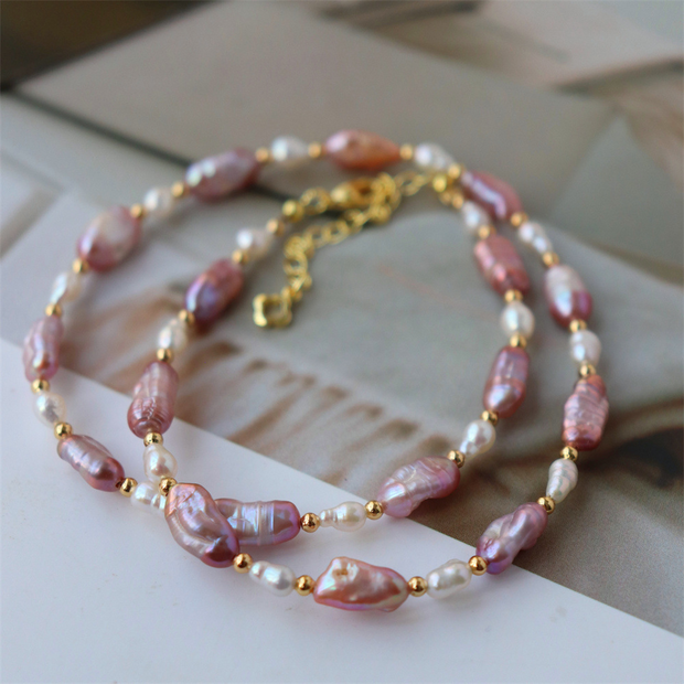 Retro freshwater hemp gray two-tone baroque pearl necklace