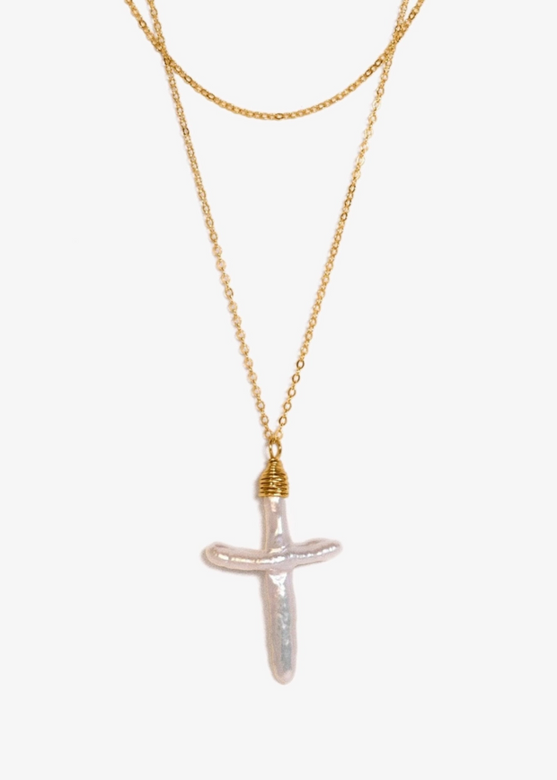 handmade baroque pearl cross necklace