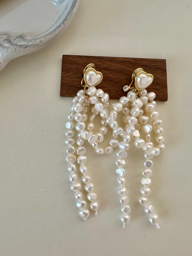 natural freshwater pearl baroque long tassel heart earrings