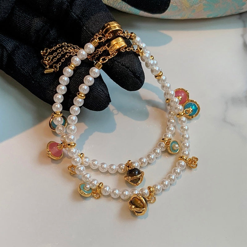 colored gemstone pendant millet bead pearl bracelet & necklace set