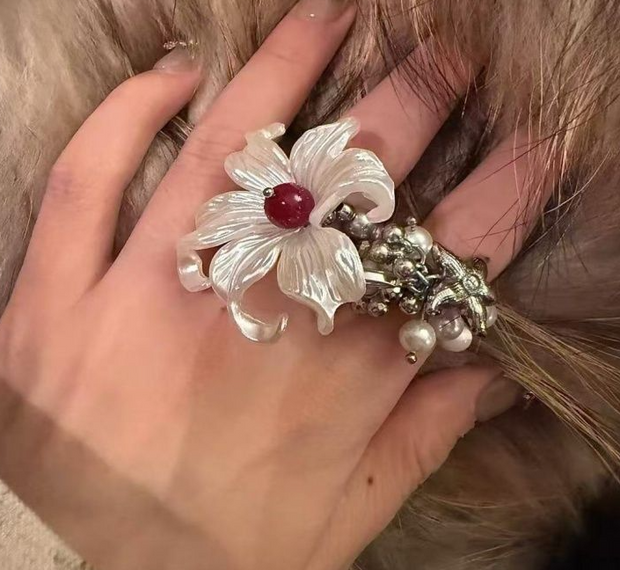 handmade iris and pearl stretch ring