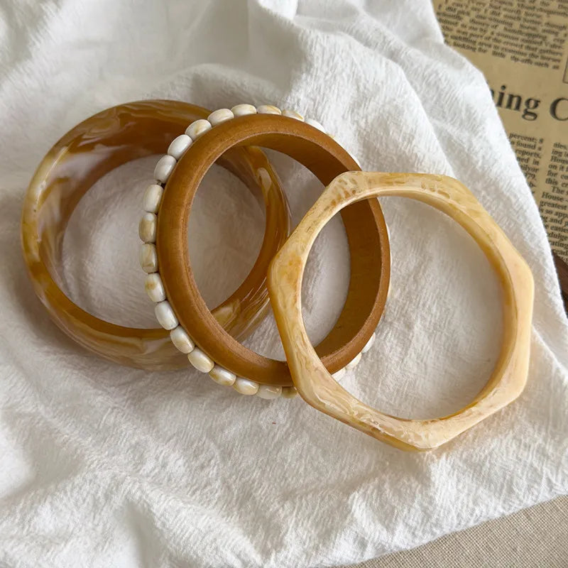 retro geometric irregular oval resin and wood bracelet set