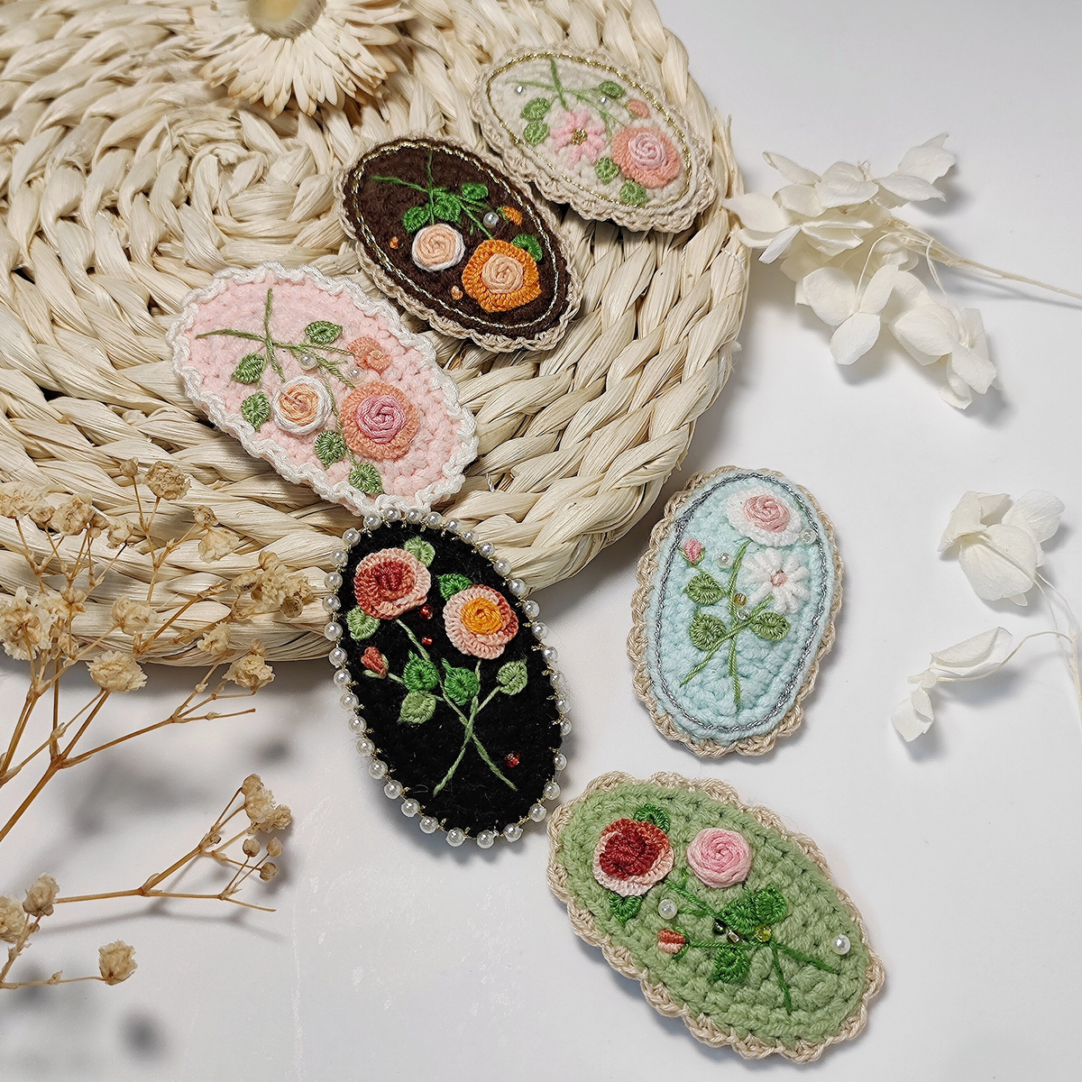 Vintage Handmade Crochet & Embroidered Flower Hair Clip