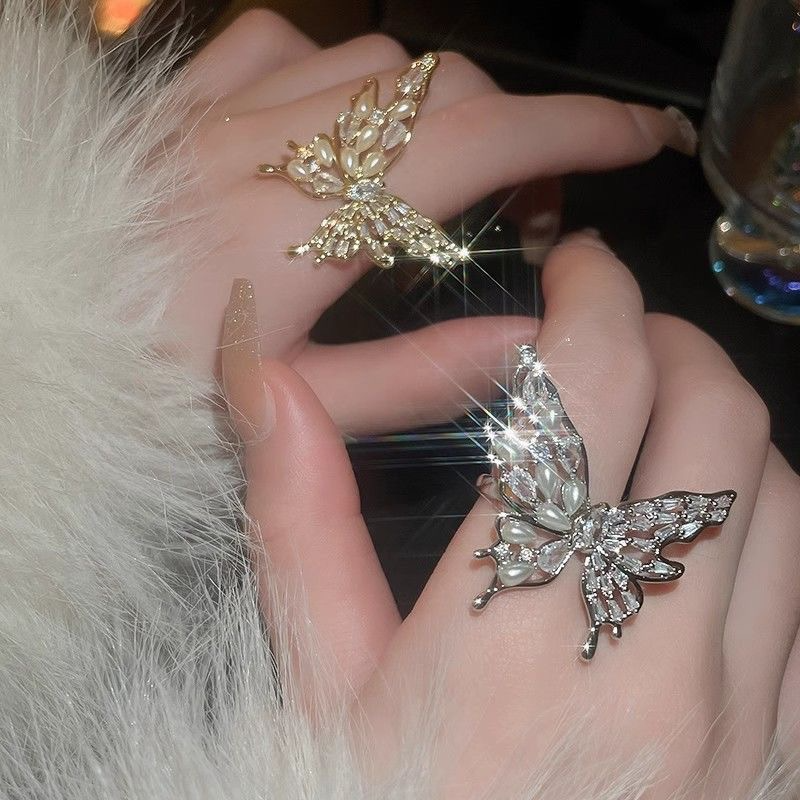 adjustable butterfly pearl zirconia light luxury ring