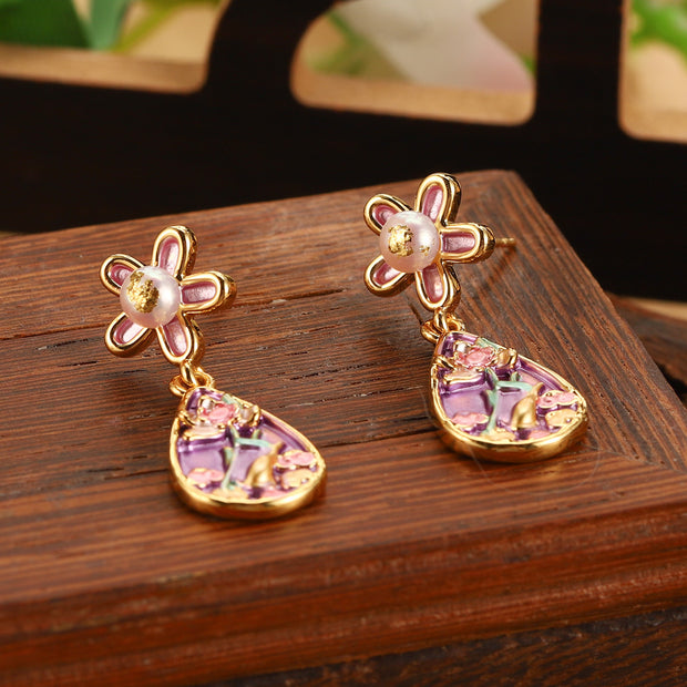 handmade oil painting dripping glaze flowers earrings
