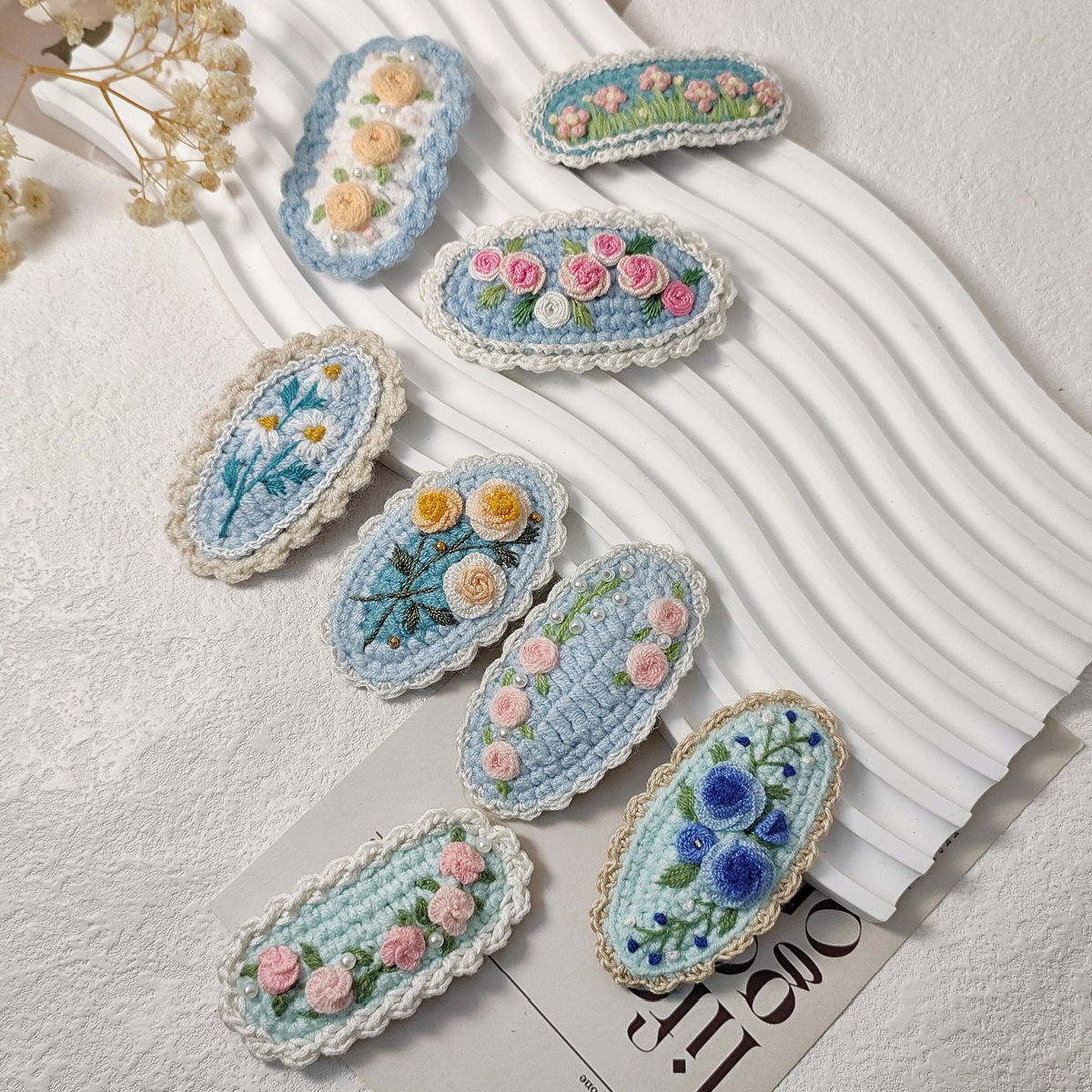 Vintage Handmade Crochet & Embroidered Pink&Blue Flower Hair Clip
