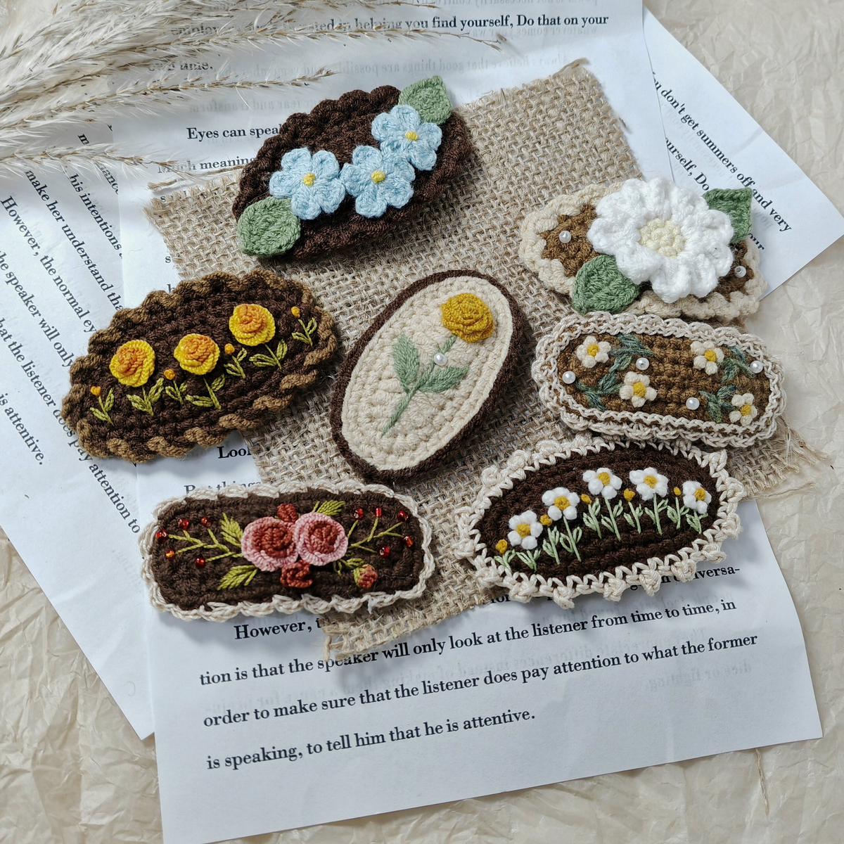 Vintage Handmade Crochet & Embroidered Flower Hair Clip
