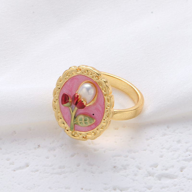 vintage natural pearl flower oil painting ring set of 4