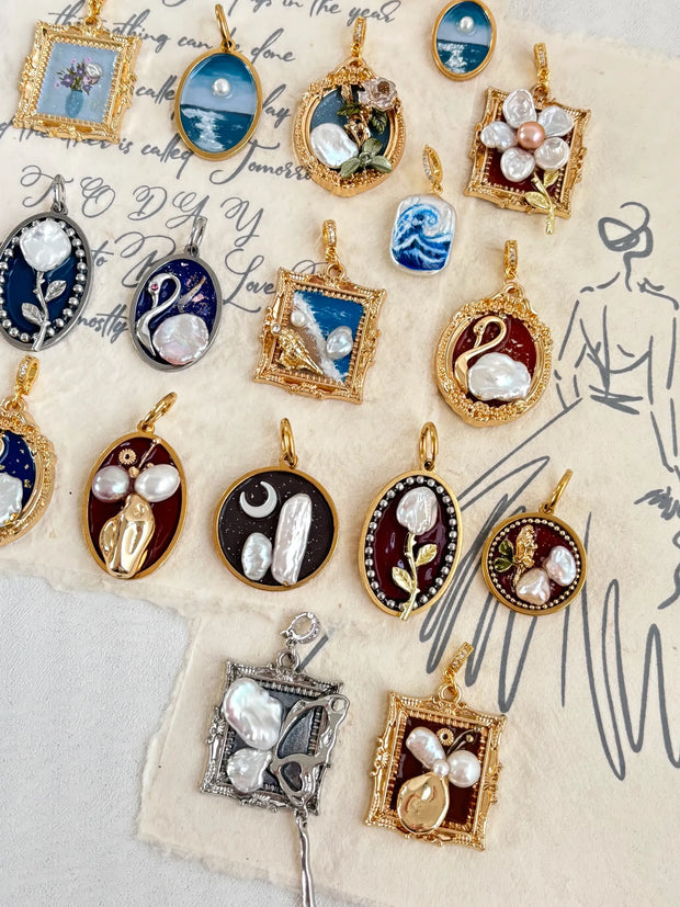 hand-painted baroque pearl floral Oil painting pendant