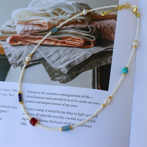 Colorful natural stone freshwater pearl handmade beaded clavicle necklace