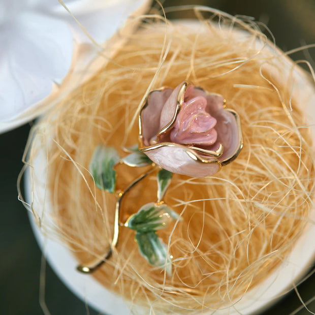 pink rose vintage enamel gold-plated brooch