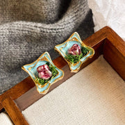baroque pearl oil painting flowers earrings