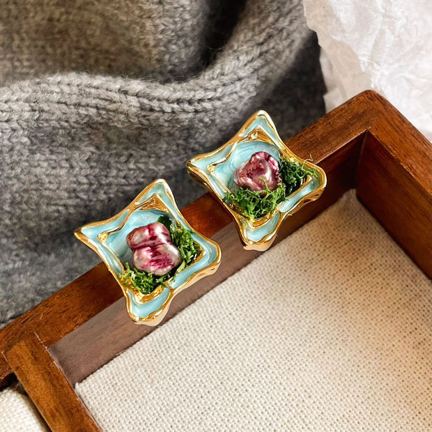 baroque pearl oil painting flowers earrings
