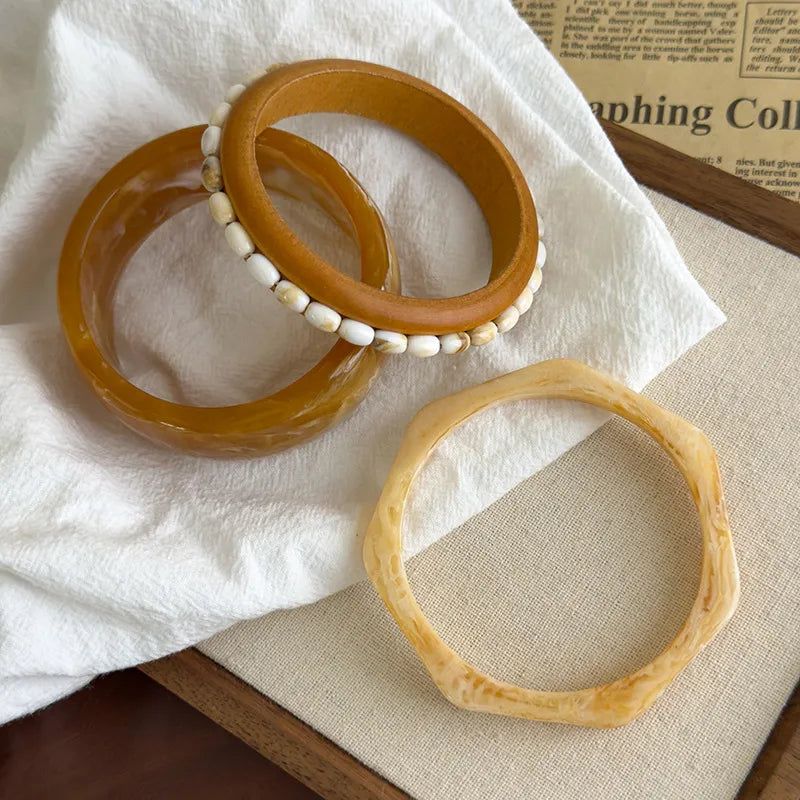 retro geometric irregular oval resin and wood bracelet set