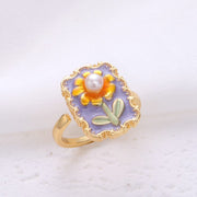 vintage natural pearl flower oil painting ring set of 4