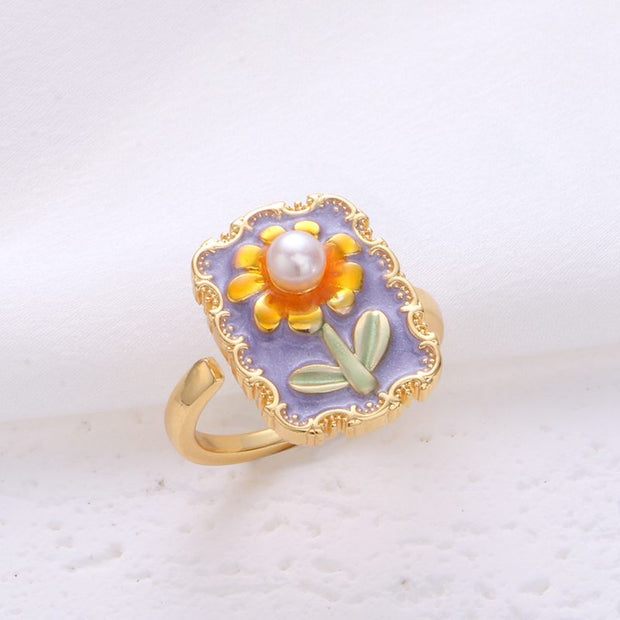 vintage natural pearl flower oil painting ring set of 4