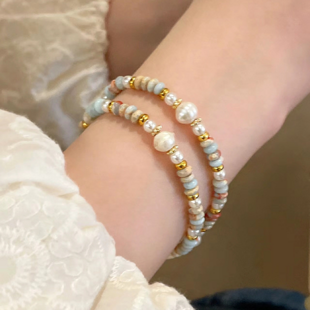 Double layer colorful beaded pearl bracelet 35cm