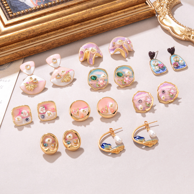 natural flower pearl earrings oil painting series earrings