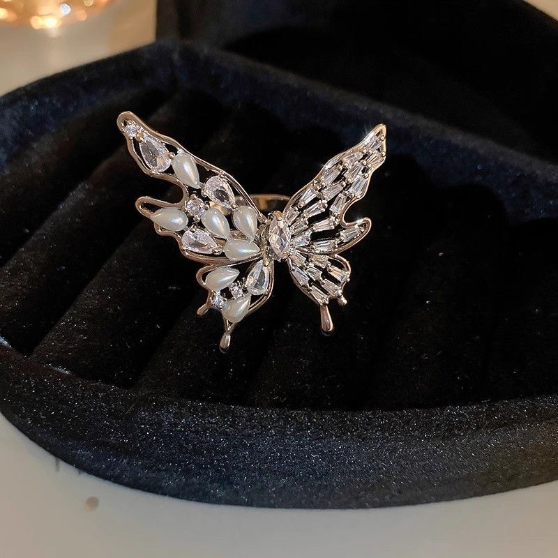 adjustable butterfly pearl zirconia light luxury ring