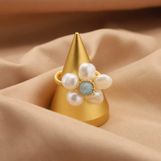 natural pearls & sea-blue gem adjustable ring