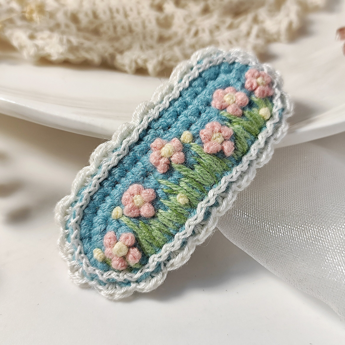 Vintage Handmade Crochet & Embroidered Pink&Blue Flower Hair Clip
