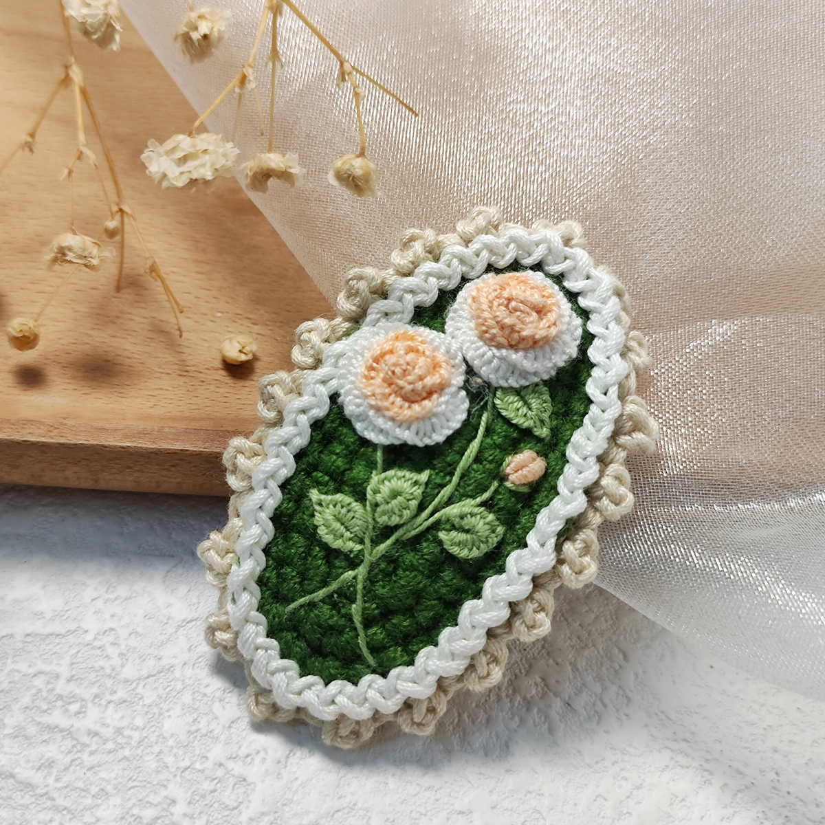 Vintage Handmade Crochet & Embroidered Green Flower Hair Clip