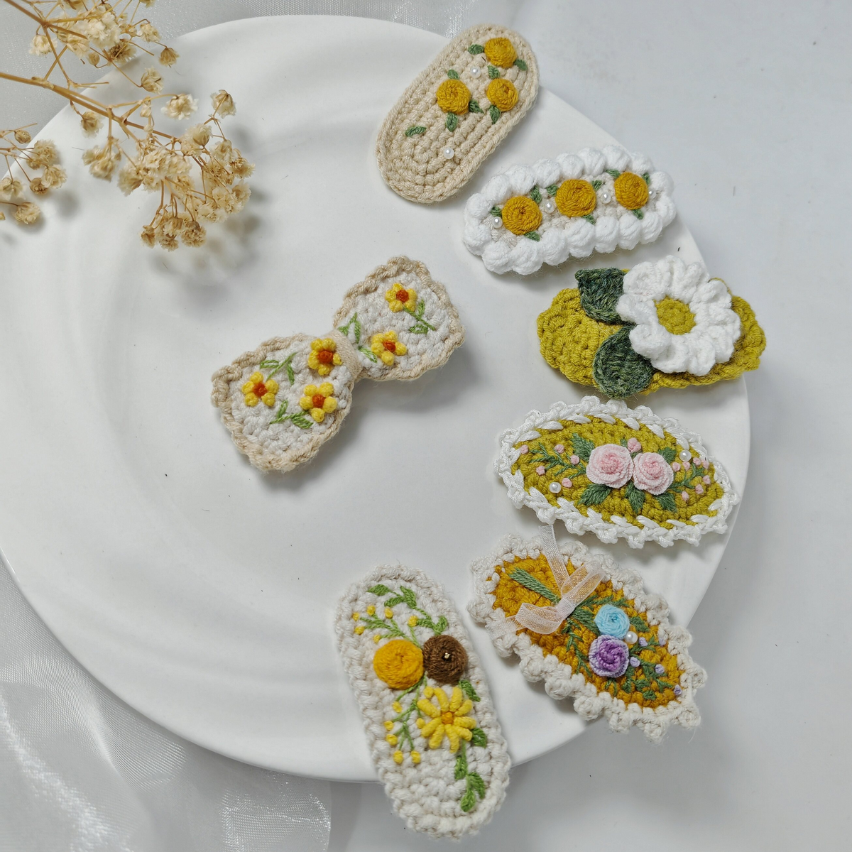 Vintage Handmade Crochet & Embroidered Flower Hair Clip