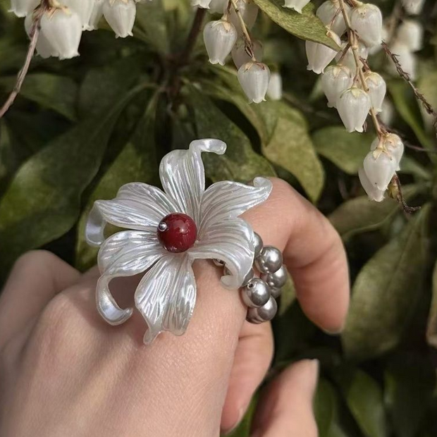 handmade iris and pearl stretch ring