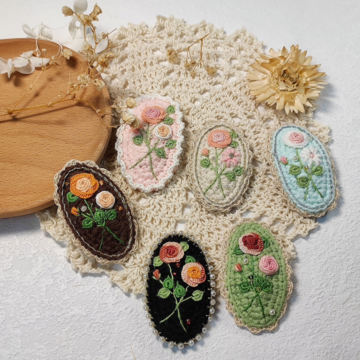 Vintage Handmade Crochet & Embroidered Flower Hair Clip