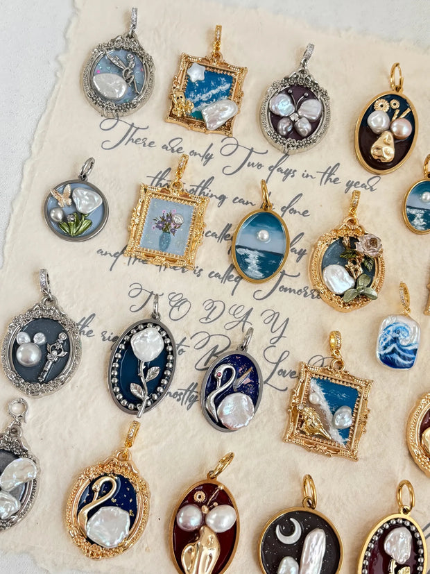 hand-painted baroque pearl floral Oil painting pendant