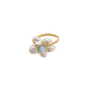 natural pearls & sea-blue gem adjustable ring