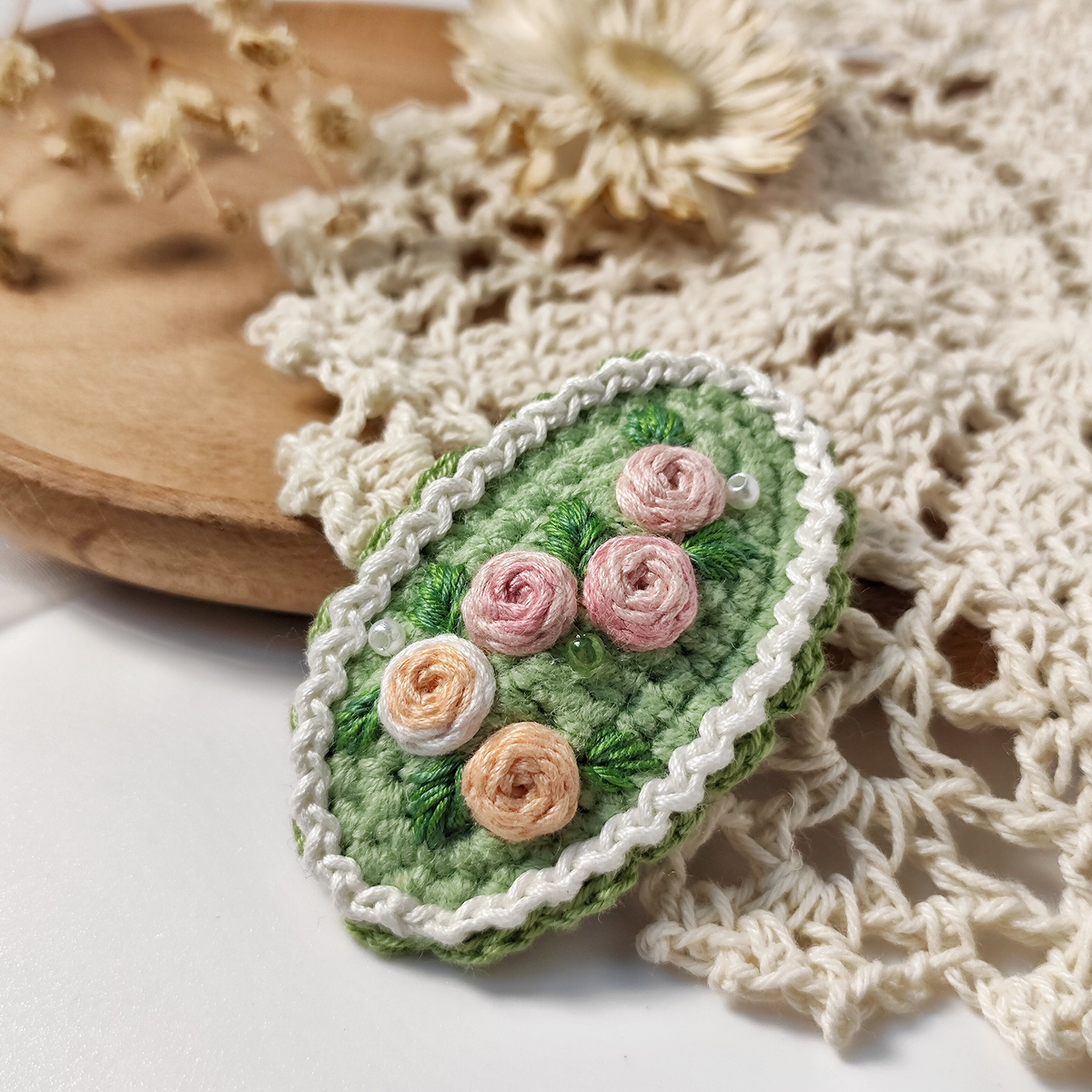 Vintage Handmade Crochet & Embroidered Green Flower Hair Clip