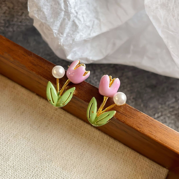 baroque pearl oil painting flowers earrings