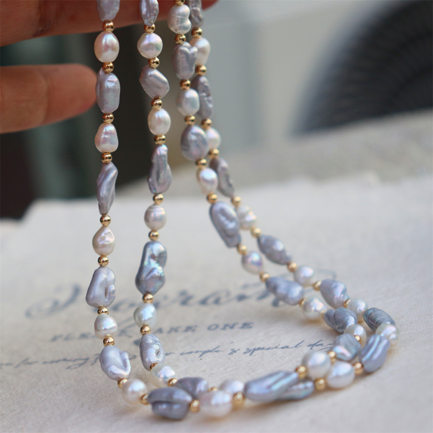 Retro freshwater hemp gray two-tone baroque pearl necklace