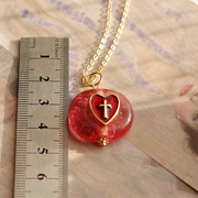 old glaze cross heart peach antique vintage pendant necklace