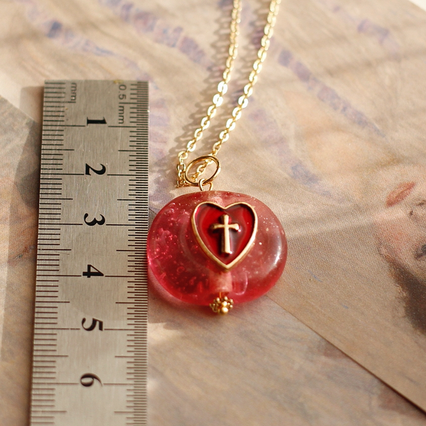 old glaze cross heart peach antique vintage pendant necklace