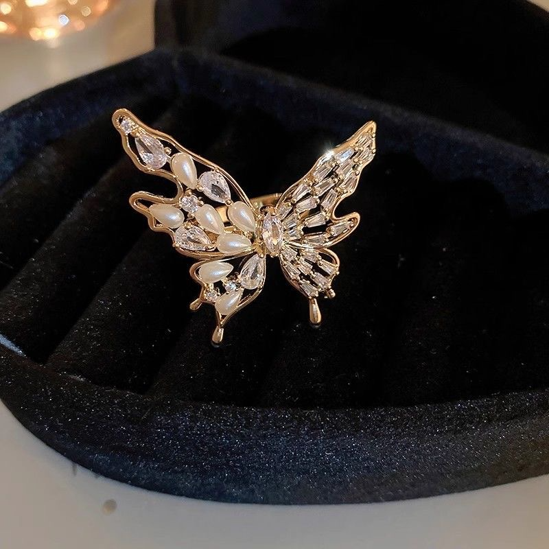 adjustable butterfly pearl zirconia light luxury ring