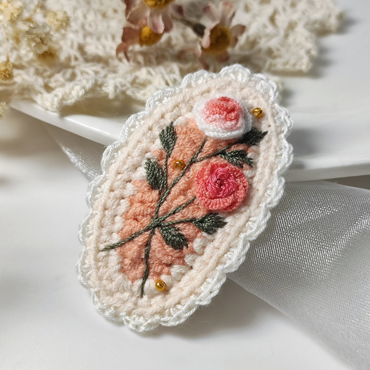 Vintage Handmade Crochet & Embroidered Pink&Blue Flower Hair Clip