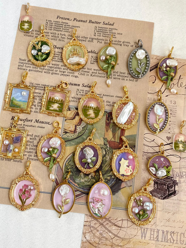 hand-painted baroque pearl floral Oil painting pendant