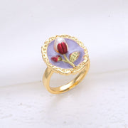 vintage natural pearl flower oil painting ring set of 4